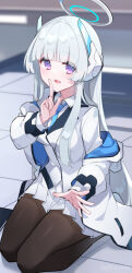  1girl :d black_pantyhose blue_archive blue_necktie breasts commentary_request dark_hound_3 finger_to_mouth grey_hair halo headgear highres indoors jacket long_hair long_sleeves looking_at_viewer mechanical_halo necktie noa_(blue_archive) open_mouth pantyhose shirt shushing smile solo suit tile_floor tiles violet_eyes white_jacket white_shirt white_suit 