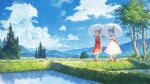  2girls blush clouds commentary crystal_wings day dress fjsmu flandre_scarlet full_body grass hat hat_ribbon highres hill looking_at_another mob_cap multiple_girls open_mouth outdoors parasol pink_dress red_dress red_footwear remilia_scarlet ribbon rice_paddy scenery smile sun sunlight touhou traditional_media tree umbrella walking 
