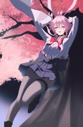 1girl animal_ears black_pantyhose black_shoes black_skirt bow bowtie breasts cherry_blossoms evanescia_(honkai:_star_rail) fox_ears fox_girl honkai:_star_rail honkai_(series) i_a_n large_breasts looking_at_viewer medium_hair open_mouth pantyhose pink_hair red_bow red_bowtie shirt shoes skirt solo thigh_strap tree violet_eyes white_shirt 