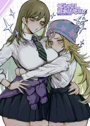  2girls black_skirt blonde_hair blue_hat breasts brown_hair clothes_around_waist commentary_request copyright_name genderswap genderswap_(mtf) green_eyes grid_background gyro_zeppeli hair_ornament hairclip hat highres hug johnny_joestar jojo_no_kimyou_na_bouken large_breasts multiple_girls neg_50asu pleated_skirt school_uniform shirt skirt steel_ball_run sweater sweater_around_waist upper_body white_shirt 