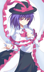  1girl absurdres ariariaria22 black_hat black_skirt bow capelet closed_mouth commentary frilled_capelet frilled_shawl frills hat hat_bow highres lightning long_sleeves looking_at_viewer nagae_iku purple_hair red_bow red_eyes shawl shirt short_hair simple_background skirt solo touhou white_background white_capelet white_shirt 