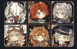  1boy 5girls animal_ear_headwear aviator_cap black_background black_cape black_coat black_hat blonde_hair blue_bow blue_coat blue_eyes blue_jacket boater_hat bow brown_hat brown_jacket cape charon_(reverse:1999) checkered_hairband chibi coat commentary covered_face cup drinking english_commentary flower glass_pen goggles goggles_on_headwear green_cape green_eyes grey_eyes grey_hair hair_bun hair_ornament hairband hands_up hat hat_bow holding holding_cup holding_notebook holding_pen jacket klepon lilya_(reverse:1999) marsha_(reverse:1999) multiple_girls notebook one_eye_closed orange_hair pen red_flower red_hair reverse:1999 sentinel_(reverse:1999) short_hair single_side_bun sonetto_(reverse:1999) two_side_up vase veil vertin_(reverse:1999) white_veil 