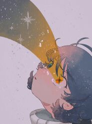  1boy blue_eyes blue_hair commentary crying crying_with_eyes_open from_side grey_background gundam highres kamille_bidan looking_up male_focus parted_lips portrait sh_no2_39 short_hair sideways_mouth signature solo star_(sky) star_(symbol) star_in_eye symbol_in_eye tears zeta_gundam 