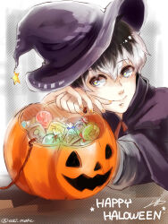  1boy arm_rest black_cloak black_hair black_hat blue_eyes candy cloak commentary_request food hair_between_eyes halloween halloween_bucket halloween_costume happy_halloween hat hat_ornament highres kaneki_ken long_sleeves male_focus multicolored_hair nail_polish orange_nails sasaki_haise shishi_(eai_make) signature solo star_(symbol) star_hat_ornament tokyo_ghoul tokyo_ghoul:re twitter_username two-tone_hair white_hair witch witch_hat 