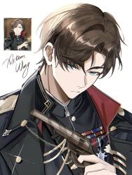  1boy absurdres artem_wing_(tears_of_themis) blue_eyes brown_hair chain character_name closed_mouth curtained_hair gun hand_up hashtag-only_commentary high_collar highres holding holding_gun holding_weapon lily_(lilynatsuki_) looking_at_viewer male_focus medal photo_inset short_hair simple_background solo tears_of_themis upper_body weapon white_background 