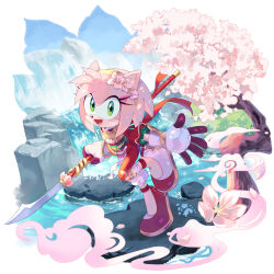  1girl :d alternate_costume amy_rose animal_ears bodysuit cherry_blossoms commentary english_commentary flower furry furry_female gold_hairband green_eyes hair_flower hair_ornament hairband hedgehog_girl highres irregular_border looking_at_viewer naginata pink_hair polearm red_bodysuit ririkuma0530 smile solo sonic_(series) water waterfall weapon 