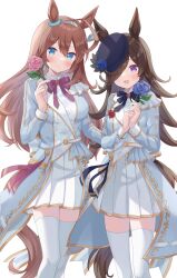  2girls absurdres ahoge animal_ears black_bow blue_eyes blue_flower blue_hat blue_rose blush bow breasts brown_hair closed_mouth coat commentary_request flipped_hair flower frills grey_hairband hair_between_eyes hair_over_one_eye hairband hat hat_flower highres holding holding_flower horse_ears horse_girl horse_tail kurumi_lm large_breasts long_hair looking_at_viewer mihono_bourbon_(umamusume) multiple_girls open_mouth pleated_skirt purple_bow rice_shower_(umamusume) rose silver_hairband simple_background skirt smile snowy_integrity_(umamusume) tail thigh-highs tilted_headwear umamusume violet_eyes waist_cape white_background white_skirt white_thighhighs zettai_ryouiki 