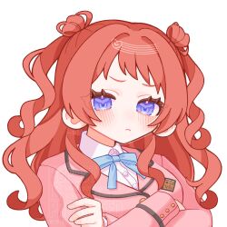  1girl black_trim blazer blue_bow blue_bowtie blush bow bowtie breasts brown_hair buttons closed_mouth collared_shirt crossed_arms curly_hair double_bun eyes_visible_through_hair frown gakuen_idolmaster gold_buttons hair_bun hair_intakes hanami_saki hashtag-only_commentary heart highres hitose_rei idolmaster jacket lapels layered_sleeves long_hair long_sleeves looking_at_viewer medium_breasts no_nose pink_jacket shirt short_bangs sidelocks simple_background solo tareme two_side_up upper_body v-shaped_eyebrows violet_eyes watermark white_background white_shirt 