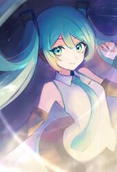  1girl aqua_eyes aqua_hair aqua_necktie aqua_trim arm_at_side black_skirt black_sleeves blonde_hair breasts closed_mouth collared_shirt colored_tips commentary cowboy_shot detached_sleeves diamond_in_eye double-parted_bangs frilled_shirt frills from_above hair_between_eyes hair_ornament hand_up hatsune_miku headphones highres kurage_natsume long_hair long_sleeves looking_at_viewer miku_day miniskirt multicolored_eyes multicolored_hair necktie pleated_skirt purple_background shirt simple_background skirt sleeveless sleeveless_shirt small_breasts smile solo standing tareme twintails two-tone_eyes underlighting very_long_hair vocaloid white_shirt yellow_eyes 