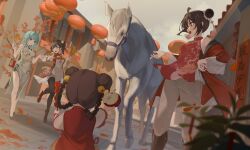  4girls ankle_boots apple aqua_hair aqua_nails black_jacket black_pantyhose black_shoes boots brown_boots brown_hair child china_dress chinese_clothes chinese_commentary closed_eyes commentary_request double_bun dress earrings fingernails floral_print food fruit full_body glassowk grey_pants hair_bun highres holding holding_food holding_fruit jacket jewelry leg_up legs looking_at_animal looking_at_another looking_at_viewer medium_hair multicolored_dress multicolored_jacket multiple_girls nail_polish off_shoulder open_clothes open_jacket open_mouth original outdoors pants pantyhose red_dress red_jacket red_nails red_shirt red_shoes shirt shoes short_hair sidelocks sleeveless sleeveless_dress sleeveless_shirt two-tone_dress white_dress white_horse white_jacket yellow_nails 