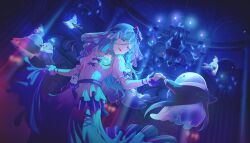  ._. 1girl aqua_eyes aqua_hair blue_bow blue_dress blue_eyes blue_fire blue_gem blue_theme bow bow_(music) candy collarbone colorful_palette cross-laced_clothes cross-laced_shoes dancing double-parted_bangs dress fire flute food frilled_sleeves frills game_cg gem ghost hands_up high-waist_dress highres hinomori_shizuku holding holding_flute holding_instrument holding_violin indoors instrument juliet_sleeves layered_sleeves long_hair long_sleeves looking_at_another mole mole_under_mouth multicolored_eyes music official_alternate_costume official_art open_mouth playing_instrument project_sekai puffy_sleeves see-through_clothes see-through_veil shoes skirt_hold solo third-party_source two-tone_dress two-tone_eyes veil violin waist_bow wavy_hair white_dress wonderhorror~!?_na_kimodameshi!_(project_sekai) 