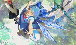  3girls absurdres ascot barefoot black_dress blonde_hair blue_bow blue_dress blue_hair bow bug cirno closed_eyes commentary daiyousei detached_wings dragonfly dress facing_up fairy_wings faux_traditional_media from_above green_hair hair_bow highres ice ice_wings mary_janes multiple_girls open_mouth outdoors outstretched_arms painterly pinafore_dress puffy_short_sleeves puffy_sleeves ribbon rumia shirt shoes short_hair short_sleeves shru_(ss_sl99) sleeveless sleeveless_dress smile standing touhou untranslatable_commentary vest white_shirt wings 