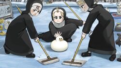  3girls baby_animal bird black_shoes blonde_hair blue_eyes brown_eyes brown_hair chicken clumsy_nun_(diva) curling curling_broom curling_stone diva_(hyxpk) duck duckling english_commentary froggy_nun_(diva) goat highres ice little_nuns_(diva) multiple_girls nun scoreboard shoes spicy_nun_(diva) topknot traditional_nun triangle_mouth 