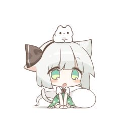  1girl animal_on_head black_bow black_bowtie black_hairband bow bowtie cat chibi chibi_only commentary commission green_skirt green_vest grey_hair hairband highres hitodama konpaku_youmu konpaku_youmu_(ghost) on_head pixiv_commission pudding_(skymint_028) shirt simple_background skirt skirt_set solo touhou vest white_background white_shirt 
