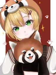 1girl animal animal_hands blonde_hair brown_hair commentary_request e69465 green_eyes hair_ornament hairpin heaven_burns_red highres holding holding_animal looking_at_viewer maruyama_kanata red_panda school_uniform short_hair 