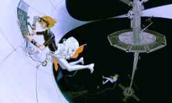  1girl 2boys 6+others absurdres adjusting_goggles blonde_hair bodysuit bodysuit_under_clothes closed_mouth gloves goggles goggles_on_head headset highres holding holding_tablet_pc jumpsuit jumpsuit_around_waist kaido_jun multiple_boys multiple_others original profile satellite scenery science_fiction single_glove smartwatch solar_panel space spacecraft tablet_pc tether watch watch 