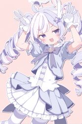  1girl 760242849 :3 absurdres ahoge arms_up blue_archive blush bow commentary_request drill_hair earrings fang gloves grey_hair hair_ornament halo highres jewelry long_hair multicolored_hair open_mouth outline pink_background puffy_short_sleeves puffy_sleeves purple_bow reisa_(blue_archive) reisa_(magical)_(blue_archive) short_sleeves simple_background skin_fang smile solo star_(symbol) star_earrings star_hair_ornament star_halo twin_drills twintails two-tone_hair white_gloves white_hair white_outline 