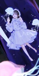  1girl absurdres alien_stage awestruck barefoot black_hair bonnet bow dress eni_(eniwave) fish frilled_bonnet frills highres jellyfish long_sleeves open_mouth puffy_long_sleeves puffy_sleeves solo sua_(alien_stage) violet_eyes white_bonnet white_bow white_dress 