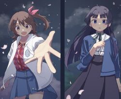  2girls :d absurdres black_hair black_skirt blue_eyes blue_jacket blue_skirt brown_eyes brown_hair commentary_request drawstring falling_petals foreshortening hair_ornament hairclip highres idolmaster idolmaster_million_live! jacket kasuga_mirai long_hair medium_hair miniskirt miso_0328 mogami_shizuka multiple_girls night one_side_up open_clothes open_jacket open_mouth outdoors outstretched_arm outstretched_hand petals plaid_clothes plaid_shirt red_shirt shirt skirt smile standing white_jacket 