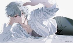  1boy absurdres black_pants blurry collarbone collared_shirt depth_of_field grey_hair hair_between_eyes highres long_sleeves lying male_focus nagisa_kaworu neon_genesis_evangelion official_art on_bed on_side pants red_eyes shirt simple_background smile solo unbuttoned unbuttoned_shirt undershirt white_background white_shirt yoneyama_mai 