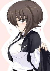  absurdres alternate_costume anzio_school_uniform belt black_belt black_cape black_necktie blush breasts brown_eyes brown_hair cape commentary_request covered_nipples cross eyes_visible_through_hair from_side girls_und_panzer hair_between_eyes heart highres holding iron_cross large_breasts long_sleeves looking_at_viewer naruka_box necktie nishizumi_maho pink_background school_uniform short_hair two-tone_background upper_body white_background 