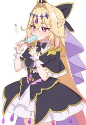  1girl absurdres astroglia_cyte black_capelet black_dress blonde_hair blush braid capelet commentary_request cowboy_shot crossed_bangs cure_arcana_shadow dress eating food food_in_mouth frilled_capelet frills hair_intakes half_up_braid highres holding holding_food holding_popsicle long_hair magical_girl meitantei_precure! moria_luluka pink_eyes popsicle popsicle_in_mouth precure short_dress simple_background solo standing translation_request very_long_hair white_background 