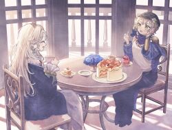  2girls :d ^_^ bare_shoulders beryl_bouanich black_hat black_pants black_robe blonde_hair blue_coat blue_neckerchief brume_(reverse:1999) cake cake_slice chair closed_eyes coat cup dress face-to-face flower food fork fruit hand_on_own_cheek hand_on_own_face hat highres holding holding_cup holding_fork indoors jewelry long_hair looking_at_another multiple_girls neckerchief necklace newsboy_cap on_chair open_mouth oshiricute pants plate red_flower red_rose reverse:1999 robe rose round_table short_hair sitting smile strawberry strawberry_cake table tank_top teacup white_dress white_tank_top yellow_eyes 
