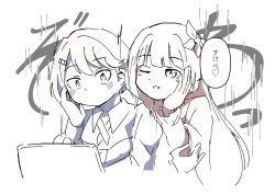  2girls 3nu_m azabu_mai bow collared_shirt computer cross_tie hair_bow hand_on_own_cheek hand_on_own_face heart highres ikizulive!_love_live!_bluebird japanese_clothes kimono komagata_hanabi laptop long_hair long_sleeves love_live! multiple_girls multiple_monochrome no_mouth shirt short_hair speech_bubble spoken_heart translated wide-eyed 
