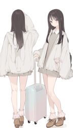  1girl ama_mitsuki black_eyes black_hair boots brown_boots commentary_request from_behind full_body high_heel_boots high_heels highres jacket long_hair long_sleeves multiple_views open_clothes open_jacket original rolling_suitcase simple_background standing suitcase white_background white_jacket 