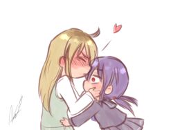  2girls ahoge aosora_(mizore) black_serafuku black_shirt black_skirt blonde_hair blue_bow blue_bowtie blush bow bowtie breasts closed_eyes closed_mouth commentary_request covered_mouth empty_eyes from_side green_sweater_vest hair_between_eyes hands_on_another's_face hands_up hayano_yuuki heart kiss kissing_forehead long_hair long_sleeves low_twintails medium_breasts multiple_girls original pleated_skirt purple_hair red_eyes sailor_collar school_uniform serafuku shirt shy sidelocks signature simple_background skirt sweater_vest twintails upper_body v-shaped_eyebrows white_background white_shirt wide-eyed yazaki_shiori yuri 
