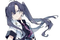  1girl ahoge asymmetrical_bangs black_hair black_shirt collared_shirt commentary_request grey_eyes hair_between_eyes jacket long_hair minus_(reverseblue) necktie necnec03 open_clothes open_jacket red_necktie reverseblue_x_re-birthend shirt short_sleeves solo striped_clothes striped_necktie twintails white_jacket 