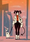  1girl absurdres bag black_hair building closed_mouth clouds creature demon_tail film_grain hand_in_pocket heart highres holding holding_leash jacket lamppost leash medium_hair menoziriath open_clothes open_jacket orange_sweater original red_eyes shirt_tucked_in signature silhouette spoken_heart sweater tail thigh_gap turtleneck turtleneck_sweater twintails walking white_bag white_footwear white_jacket 