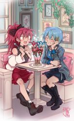  +_+ 2girls ^_^ absurdres black_boots black_bow black_shirt black_shorts blue_hair blue_shirt blush boots bow cafe chain chain_necklace clenched_hands closed_eyes coaster commentary corner crazy_straw crossed_bangs dating drinking_straw english_commentary excited fang glass gold_necklace grey_jacket grin hair_between_eyes hair_bow hand_on_own_cheek hand_on_own_face heart_straw high_ponytail highres holding holding_spoon instrument jacket jacket_partially_removed jewelry knee_boots long_hair long_sleeves mahou_shoujo_madoka_magica medium_hair mermaid miki_sayaka milkshake monster_girl multiple_girls multiple_hair_clips multiple_necklaces necklace open_mouth painting_(object) plaid_clothes plaid_jacket plant ponytail puffy_long_sleeves puffy_sleeves red_eyes red_hair red_skirt sakura_kyoko sharing_food shirt shorts signature silver_necklace sitting skirt sleeveless sleeveless_shirt smile socks sparkle sparklenaut spiky_hair spoon table trumpet unicorn v-shaped_eyebrows vignetting white_jacket white_socks window yuri 