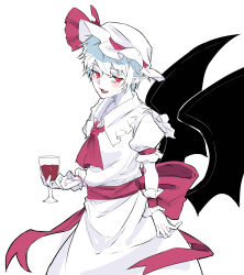  1girl alternate_hair_length alternate_hairstyle ascot back_bow bat_wings blush bow closed_mouth collared_shirt commentary_request cup drinking_glass fang frilled_shirt_collar frills hat hat_ribbon highres holding holding_cup kanaria_(bcomn) looking_at_viewer mob_cap open_mouth pointy_ears puffy_short_sleeves puffy_sleeves red_ascot red_bow red_eyes remilia_scarlet ribbon shirt short_hair short_sleeves simple_background skin_fang skirt smile solo touhou white_background white_hat white_shirt white_skirt wings wrist_cuffs 