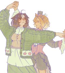  >_< 2girls absurdres ahoge alternate_costume animal_ear_piercing animal_ears apple_print arms_up ascot asymmetrical_skirt black_hat black_jacket black_shorts black_skirt blazer blush bow bowtie breasts brown_hair brown_vest buttons cardigan cowboy_shot cropped_jacket crossdressing crossdressing_(ftm) dancing double-breasted dress ear_ribbon ears_down food_print formal_clothes frilled_sleeves frilled_vest frills frown fruit_print granadolis green_cardigan green_dress grey_skirt hair_between_eyes hair_ornament happy hat hat_bow highres holding_hands holly_hair_ornament horse_ears horse_girl horse_tail interlocked_fingers jacket lace-trimmed_ascot lace-trimmed_dress lace-trimmed_skirt lace_trim long_dress long_sleeves looking_at_another loose_hair_strand medium_breasts medium_hair medium_skirt meisho_doto_(umamusume) mini_hat mini_top_hat multicolored_hair multiple_girls nervous open_cardigan open_clothes open_jacket open_mouth orange_hair outstretched_arm pink_bow pink_bowtie pink_vest pleated_dress pleated_skirt print_cardigan puffy_long_sleeves puffy_sleeves ribbon shorts showgirl_skirt simple_background skirt sleeve_cuffs smile standing streaked_hair t.m._opera_o_(umamusume) tail tan teeth top_hat two-sided_fabric two-sided_skirt two-tone_dress umamusume upper_teeth_only vest violet_eyes white_ascot white_background white_dress white_ribbon yuri 