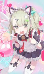  1girl animal_ear_hairband animal_ears bell black_dress black_garter_straps blush cat_ear_hairband cat_ears commentary_request dress earrings fake_animal_ears fang frilled_dress frilled_sleeves frills garter_straps ghost_hair_ornament green_eyes green_hair hair_ornament hairband heart heart_earrings heart_hair_ornament highres jewelry leaning_forward looking_at_viewer maid maid_headdress multiple_hair_clips musical_note neck_bell necktie official_alternate_costume open_mouth ponytail red_bag red_necktie skin_fang solo star_(symbol) sunna_(afternoon_tea_break)_(zenless_zone_zero) sunna_(zenless_zone_zero) tem_(tempainting1) v-shaped_eyebrows white_wings winged_bag wings zenless_zone_zero 