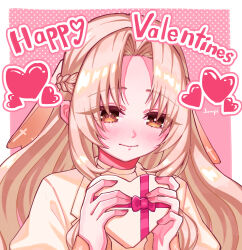  1girl absurdres artist_name blonde_hair blush box braid brown_eyes commentary curtained_hair english_commentary eyes_visible_through_hair half_up_braid happy_valentine heart heart-shaped_box highres holding holding_box jiai_chiyu jjum_pp kimi_no_koto_ga_dai_dai_dai_dai_daisuki_na_100-nin_no_kanojo long_hair long_sleeves pink_background portrait simple_background smile solo valentine veil 