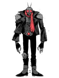  1boy absurdres antennae armor belt bodysuit boots bug fingerless_gloves gloves grasshopper greyscale helmet highres jacket kamen_rider kamen_rider_(1st_series) kamen_rider_1 knee_armor limited_palette long_sleeves looking_at_viewer male_focus manabu_yashiro mask monochrome red_eyes red_scarf rider_belt scarf shoulder_armor signature simple_background solo spot_color standing tokusatsu typhoon_(kamen_rider) white_background 