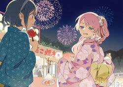  3girls absurdres aerial_fireworks asa_no_ha_(pattern) bag bang_dream! bang_dream!_it's_mygo!!!!! black_overalls blue_hair blue_kimono blush candy_apple chihaya_anon chinese_commentary commentary_request fireworks floral_print food grey_eyes grey_hair hand_fan hiding highres holding holding_candy_apple holding_fan holding_food japanese_clothes kimono long_hair multiple_girls night official_alternate_costume one_side_up open_mouth outdoors overalls pink_hair pink_kimono rakuichi red_eyes short_hair takamatsu_tomori togawa_sakiko yukata 
