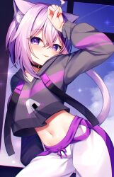  1girl ahoge amane_(230075) animal_collar animal_ear_fluff animal_ears arm_up black_collar black_hoodie blush breasts cat_ears cat_girl cat_tail clouds collar commentary_request commission cropped_hoodie food food_print grey_pants hair_between_eyes highres hololive hood hood_down hoodie indoors long_sleeves looking_at_viewer midriff navel nekomata_okayu nekomata_okayu_(1st_costume) onigiri onigiri_print open_mouth outdoors pants purple_hair shirt short_hair skeb_commission sleeves_past_wrists smile solo stomach tail tongue tongue_out violet_eyes virtual_youtuber 