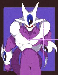  1boy armor blue_gem breastplate colored_skin cooler_(dragon_ball) cooler_(fifth_form)_(dragon_ball) cowboy_shot dragon_ball dragon_ball_z finger_beam forehead_jewel gem glint highres inkerton-kun looking_at_viewer male_focus muscular muscular_male pointing pointing_at_viewer purple_skin red_eyes solo tail white_armor 