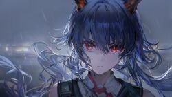  1girl arknights artist_request bare_shoulders blue_hair ch'en_(arknights) ch'en_the_dawnstreak_(arknights) check_artist close-up closed_mouth floating_hair game_cg hair_between_eyes high_collar highres horns looking_at_viewer low_twintails official_art portrait rain red_eyes serious solo straight-on third-party_source twintails water_drop yyb 