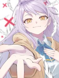  1girl blue_bow blue_bowtie bow bowtie braid closed_mouth collared_shirt commentary doro_no_bunzai_de_watashi_dake_no_taisetsu_wo_ubaou_da_nante eyelashes falling_feathers feathers floating_hair hair_bow hand_on_own_chest hands_up highres jacket long_hair long_sleeves looking_at_viewer open_hand outstretched_arm outstretched_hand reaching reaching_towards_viewer red_bow say04gure shirt solo tenshi_(tuyu) tuyu_(band) upper_body white_background white_feathers white_hair white_shirt x_(symbol) yellow_eyes yellow_jacket 