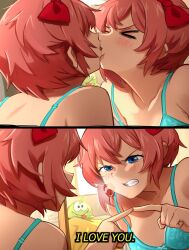  >_< 1girl doki_doki_literature_club kiss mirror sayori_(doki_doki_literature_club) short_hair 