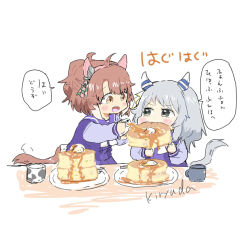  1girl 2girls animal_ears artist_name blush brown_hair chibi commentary_request dantsu_flame_(umamusume) ear_covers ear_ornament eating food grey_hair hishi_miracle_(umamusume) holding horse_ears horse_girl horse_tail kiryuu_suruga medium_hair multiple_girls pancake pancake_stack school_uniform speech_bubble syrup tail tracen_school_uniform translation_request umamusume 