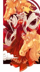  1girl absurdres chinese_clothes chinese_zodiac closed_eyes clouds commentary dragon dress elf english_commentary floating_hair flower frieren from_side hand_fan hand_up head_wreath highres holding holding_fan horse jolseon long_dress long_hair paper_fan pointy_ears red_dress red_flower solo sousou_no_frieren very_long_hair white_flower white_hair year_of_the_horse 
