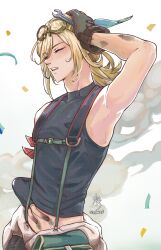  1boy absurdres adam's_apple arm_up armpits black_gloves blonde_hair commentary confetti dirty_hands english_commentary eyewear_on_head genshin_impact gloves goggles goggles_on_head hand_on_own_head highres kaveh_(genshin_impact) kaveh_(teyvat_turboflux)_(genshin_impact) male_focus mechanic midriff naya_(onaxart) official_alternate_costume polka_dot short_hair simple_background solo streamers suspenders sweat twitter_username white_background 