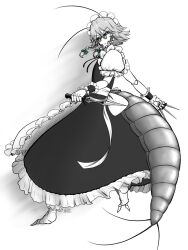 1girl abdomen_tail antennae apron arthropod_girl arthropod_limbs between_fingers blue_eyes bow braid closed_mouth dress english_commentary floating_hair frilled_dress frilled_wrist_cuffs frills from_behind frown full_body gin_ichimaru72 green_bow grey_hair hair_bow half-closed_eyes highres holding holding_knife izayoi_sakuya knife knives_between_fingers looking_back maid maid_headdress medium_hair monsterification multiple_hair_bows pince-nez puffy_short_sleeves puffy_sleeves shadow short_sleeves solo standing touhou twin_braids waist_apron waist_bow weevil wrist_cuffs 