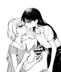  2girls bang_dream! bang_dream!_it's_mygo!!!!! blush collared_shirt commentary_request dress food greyscale hand_on_another's_head highres holding holding_spoon ice_cream imminent_kiss kaname_raana korean_commentary long_hair medium_hair mole mole_under_eye monochrome multiple_girls neonfloyd parted_lips shiina_taki shirt skirt spoon sundae yuri 