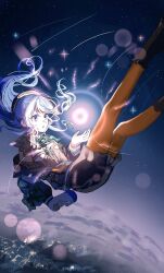  1girl beret black_hat blue_eyes blue_hair bow collared_shirt commentary falling green_ribbon hat highres holding holding_microphone hololive hoshimachi_suisei hoshimachi_suisei_(casual) jacket lace lace_sleeves lens_flare long_hair looking_at_object microphone motion_lines nap_34 night official_alternate_costume official_alternate_hair_length official_alternate_hairstyle orange_pantyhose pantyhose parted_lips quilted_jacket ribbon shirt skirt sky sleeve_bow solo space star_(sky) starry_sky virtual_youtuber 